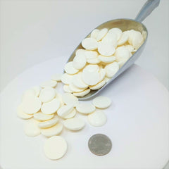 Merckens Super White wafers melted in bowl for creamy, even coating.