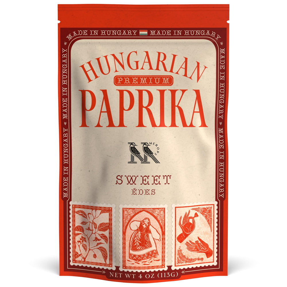 MEROPS Premium Sweet Hungarian Paprika Powder in resealable bag showing vibrant color for cooking