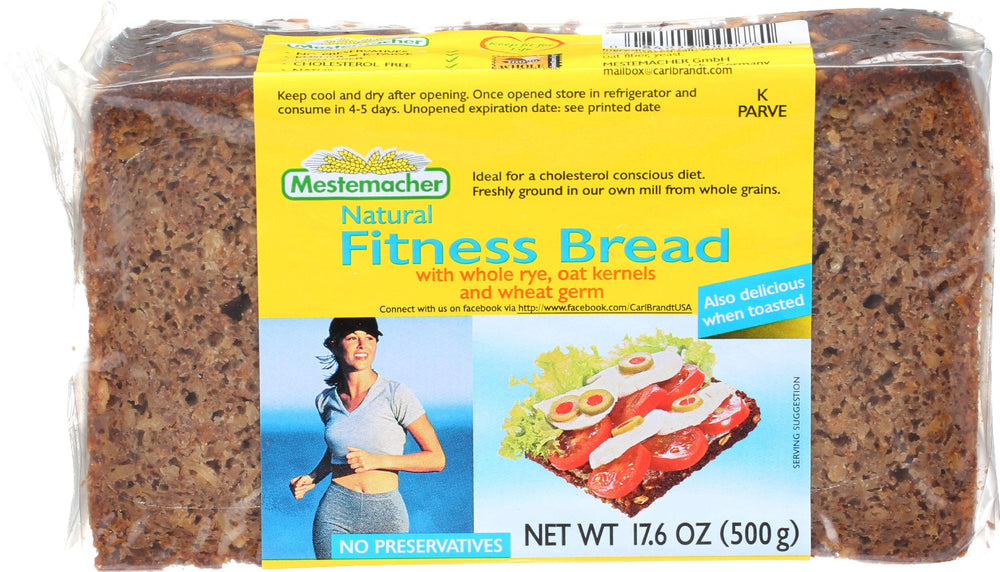 Mestemacher Fitness bread slice close-up shows dense texture for sustained energy