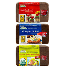 Mestemacher Organic Three Grain bread loaf, fiber-rich and naturally baked