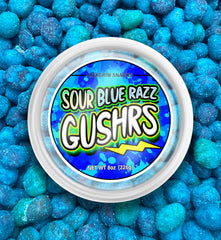 Mexgrim Blue Raspberry Sour Gushers jar close-up—bold color, tangy glaze, and shareable fun.