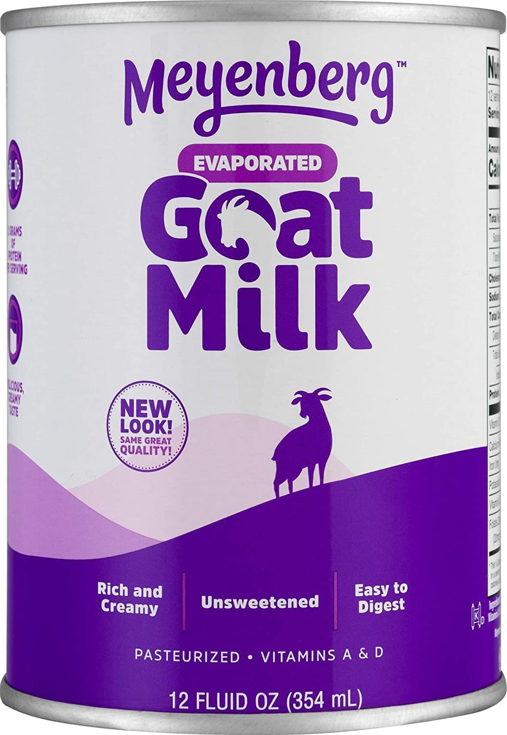 Meyenberg evaporated goat milk bottle trio on kitchen counter for everyday use