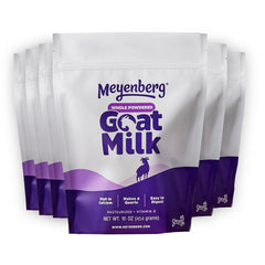 Meyenberg whole powdered goat milk in a 16oz pouch ready to blend into drinks