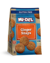 Mi-Del gluten free ginger snaps packaging highlights allergen friendly, non-GMO cookies.