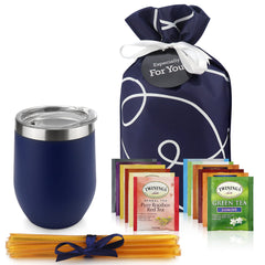Michael Grace Gifts tea lovers gift basket with insulated mug and lid.