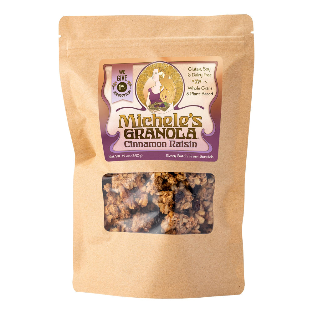 Michele’s Granola Cinnamon Raisin bowl with crispy clusters for a satisfying breakfast.