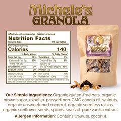 Michele’s Granola Cinnamon Raisin crunchy clusters topping yogurt.