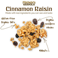 Michele’s Granola Cinnamon Raisin spoon scooping oats and raisins for a crunchy snack.