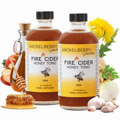 Mickelberry Gardens Fire Cider Honey Tonic front-label shows bold herbal ingredients for digestive flavor