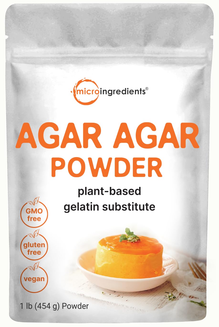 Micro Ingredients Agar Agar Powder packaging showcases vegan gelatin substitute and clean ingredients.