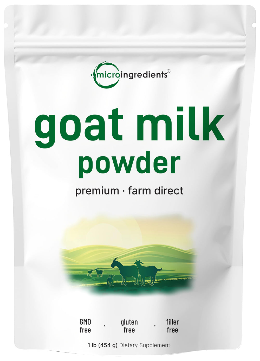 Micro Ingredients goat milk powder 1lb pack on countertop, convenient daily dairy option.