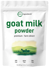 Micro Ingredients goat milk powder 1lb pack on countertop, convenient daily dairy option.