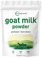 Micro Ingredients Goat Milk Powder 2 Lb pouch shows grass-fed formula for easy digestion
