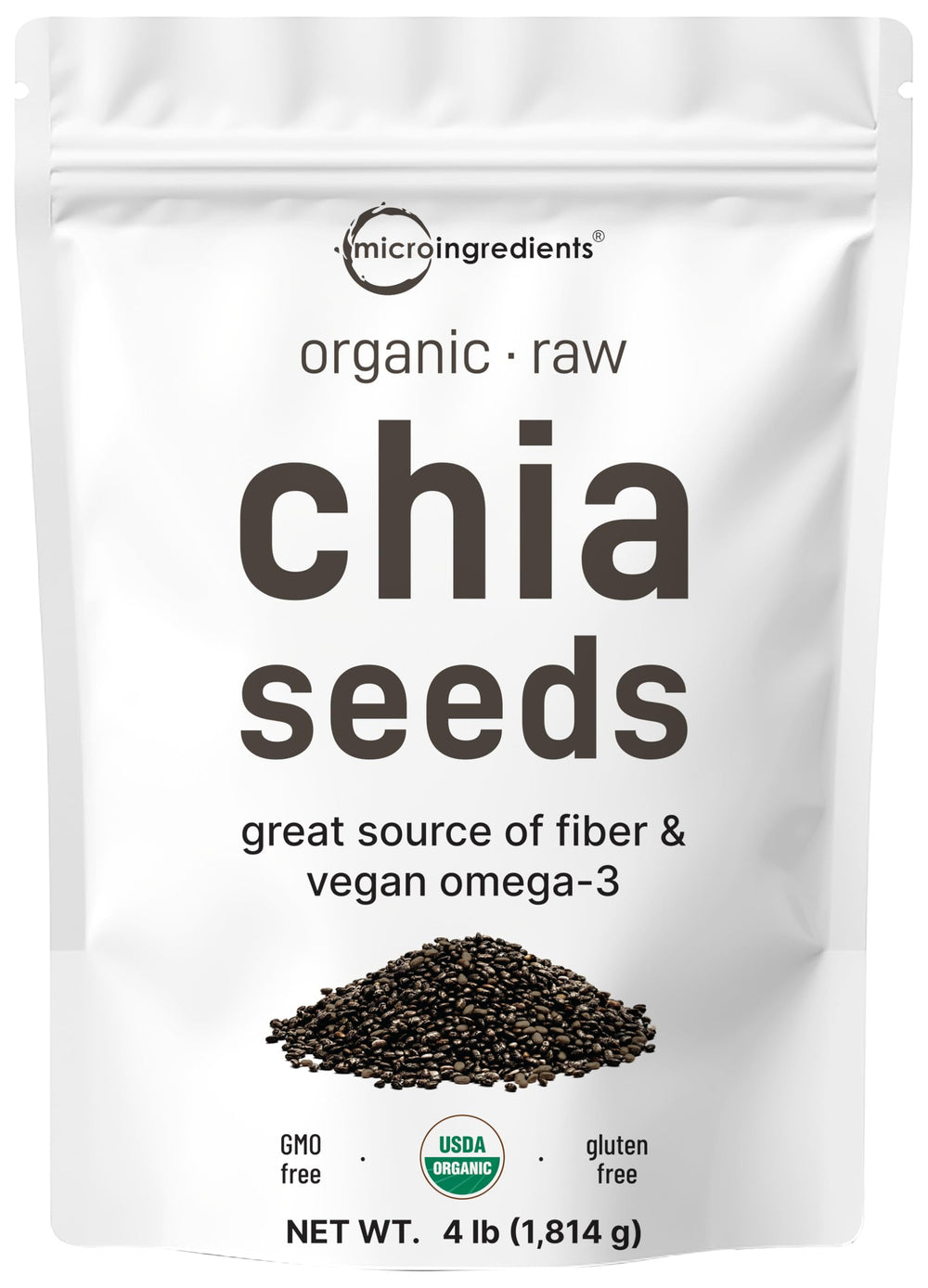 Micro Ingredients Organic Chia Seeds 4lb pouch ready for versatile recipes.