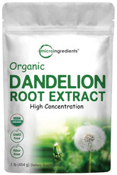 Micro Ingredients Organic Dandelion Root Tea Powder in a 1lb jar for daily use.