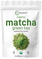 Micro Ingredients Organic Matcha powder in jar ready for lattes.