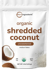 Micro Ingredients coconut flakes packaging shows a bulk 4lb supply for convenient pantry storage.