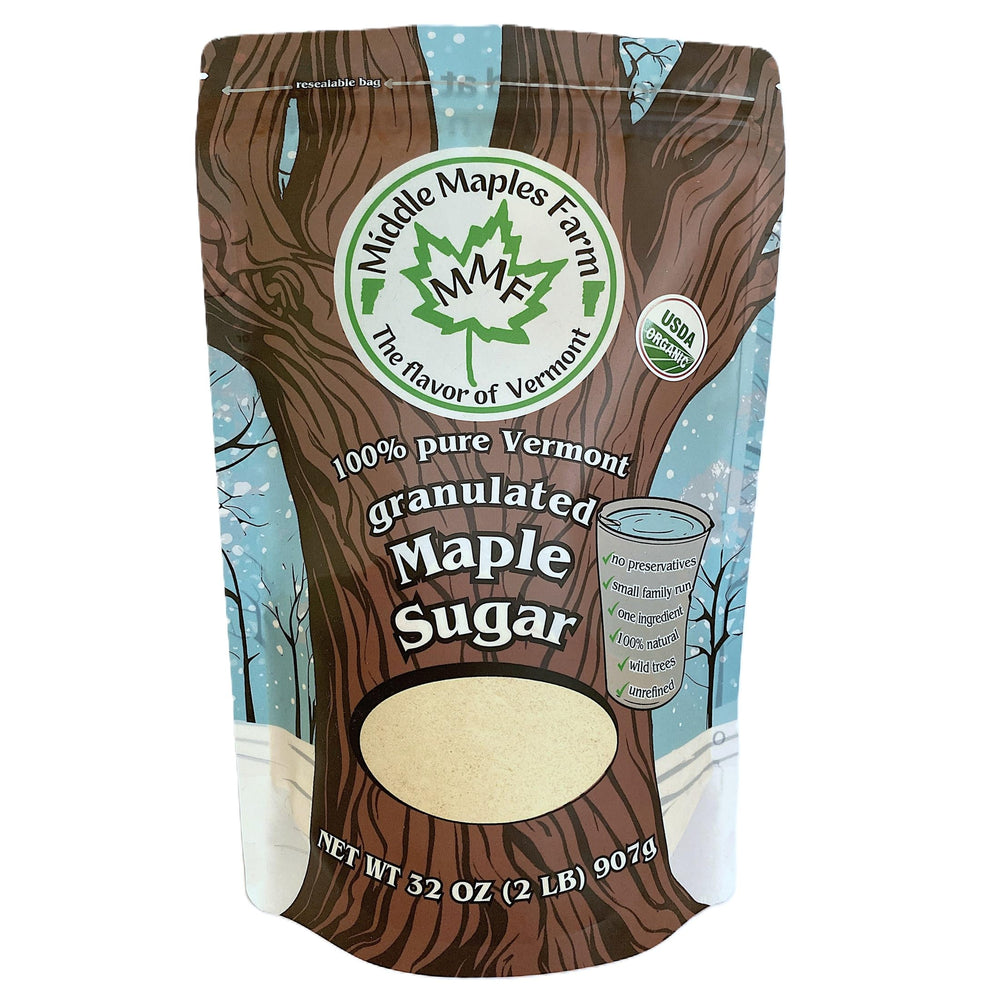 Middle Maples Farm Vermont Pure Maple Sugar powder packaging in a resealable pouch for easy storage