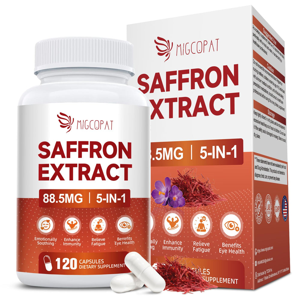 Migcopat saffron 5-in-1 mood bottle close-up showing the blend for daily emotional balance