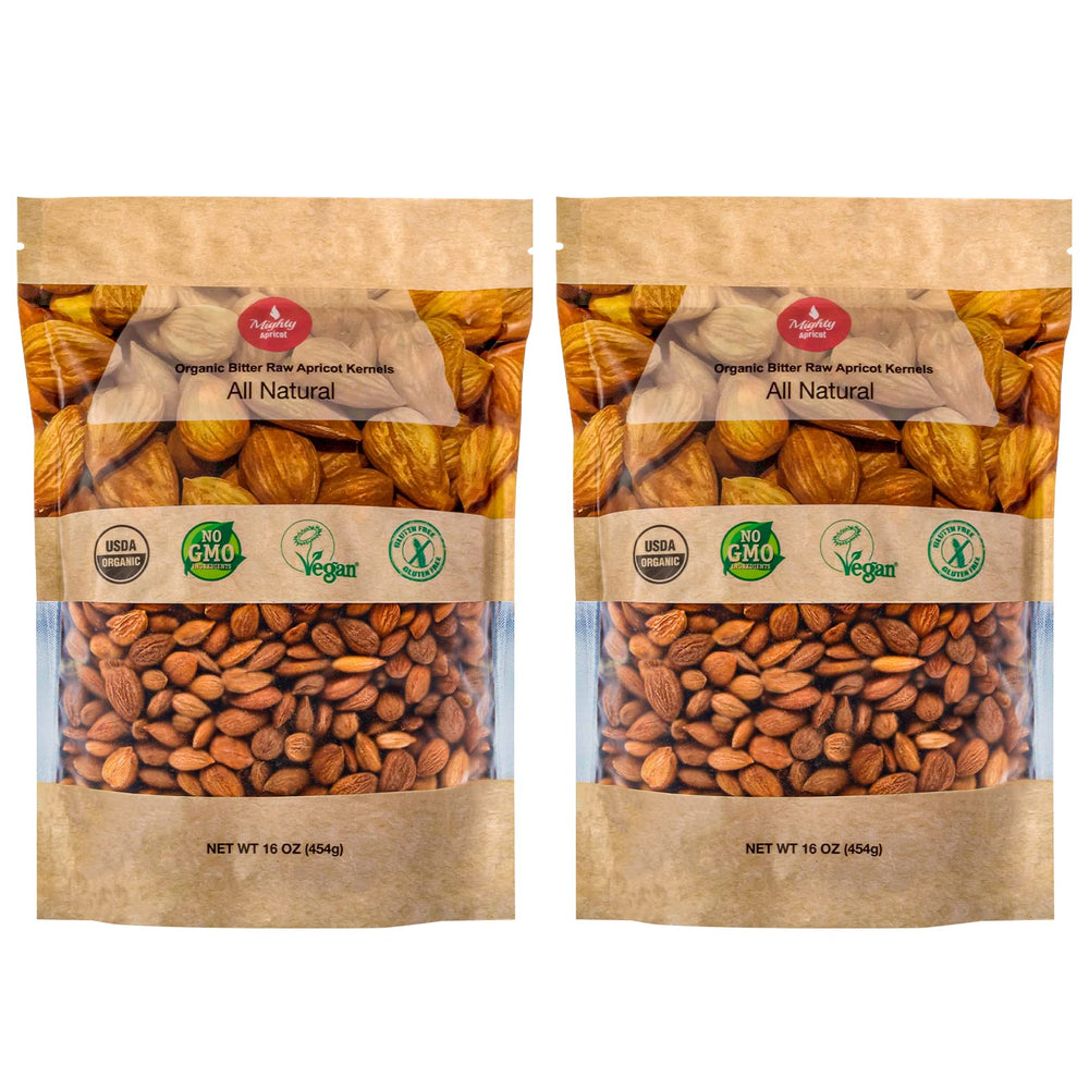 Mighty Apricot bitter apricot kernels in a resealable package for pantry storage.