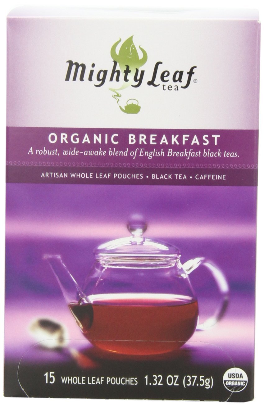 Mighty Leaf Breakfast Black Tea packaging highlights premium whole leaf blend for rich aroma.