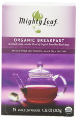 Mighty Leaf Breakfast Black Tea packaging highlights premium whole leaf blend for rich aroma.
