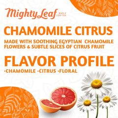 Close-up on Mighty Leaf ingredients shows chamomile, mint, hibiscus for a soothing blend.