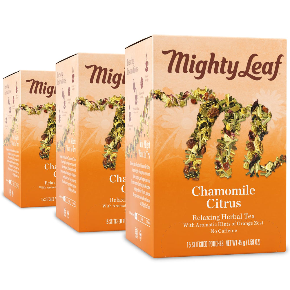 Mighty Leaf chamomile citrus tea packaging promotes easy brew with premium whole leaf pouches.