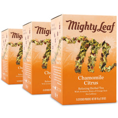 Mighty Leaf chamomile citrus tea packaging promotes easy brew with premium whole leaf pouches.