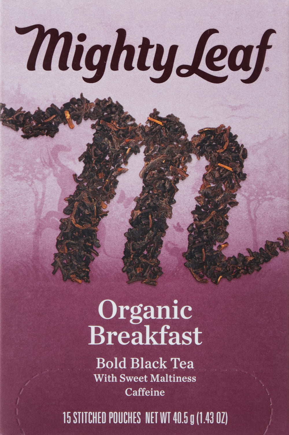 Mighty Leaf Organic Breakfast tea bags in a 15-count box for bold mornings.