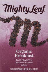 Mighty Leaf Organic Breakfast tea bags in a 15-count box for bold mornings.