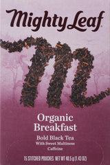 Mighty Leaf Organic Breakfast tea bags in a 15-count box for bold mornings.