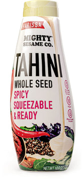 Mighty Sesame Co. harissa tahini squeeze bottle adds bold flavor to salads and sandwiches.
