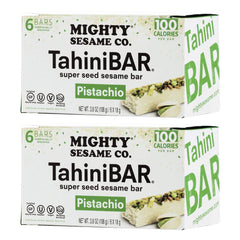 Mighty Sesame TahiniBars Pistachio pack front, gluten-free vegan snack.