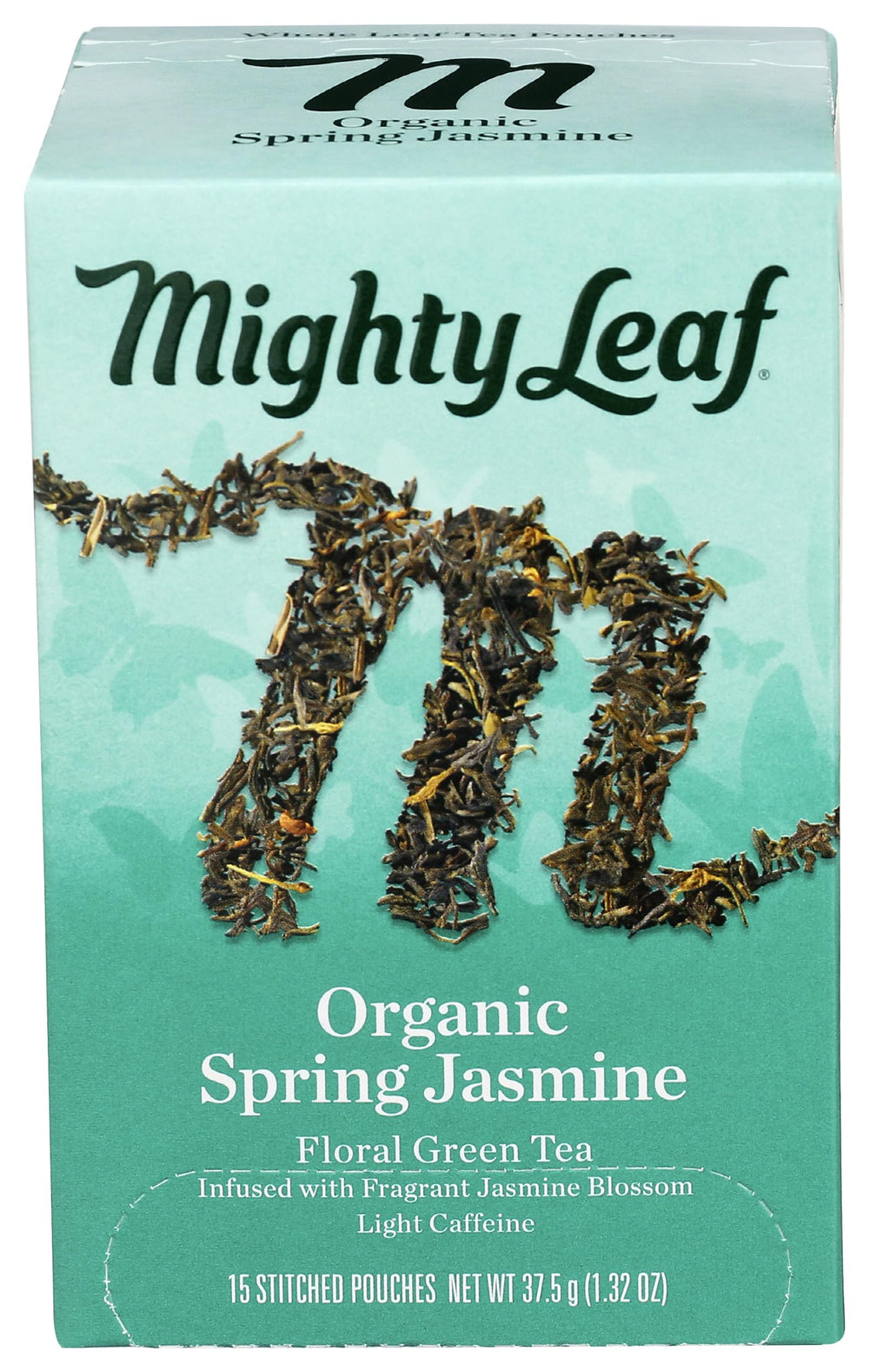 Mighty Leaf Spring Jasmine tea pack showcasing premium whole leaves for aromatic brewing.