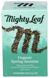 Mighty Leaf Spring Jasmine tea pack showcasing premium whole leaves for aromatic brewing.