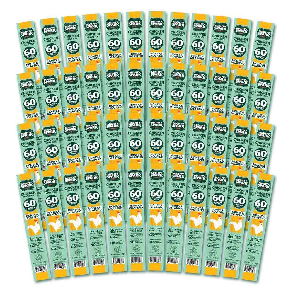 Mighty Spark Honey Jalapeño chicken snack stick pack showing portability and protein benefits.