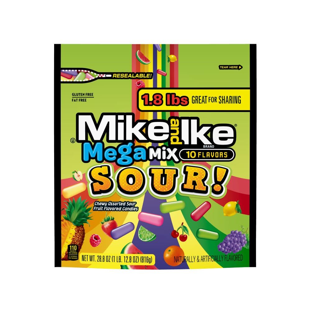 Mike and Ike Mega Mix Sour bag shown resealed for freshness during movie nights.