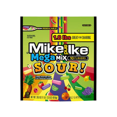 Mike and Ike Mega Mix Sour assortment displays ten bold fruit flavors.