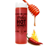 Mike's Hot Honey Extra Hot bottle drizzle on pizza glaze for perfect pairing.