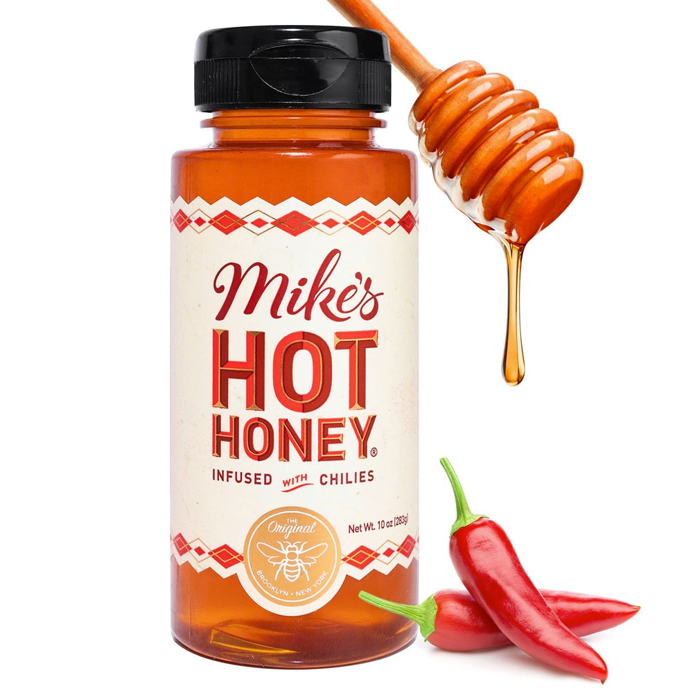 Mike's Hot Honey Original bottle front view ready to pour for sweet heat