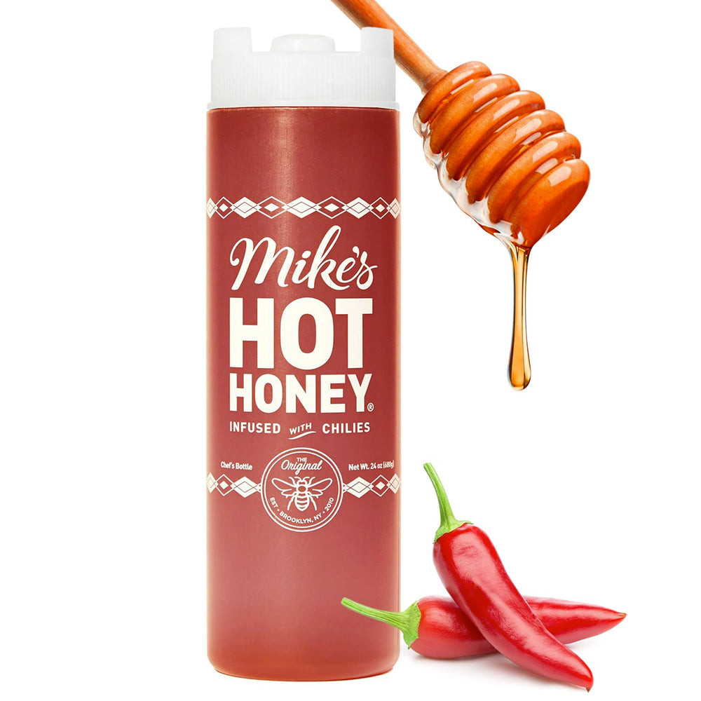 Mike's Hot Honey bottle with pour spout for easy kitchen use, ready to drizzle