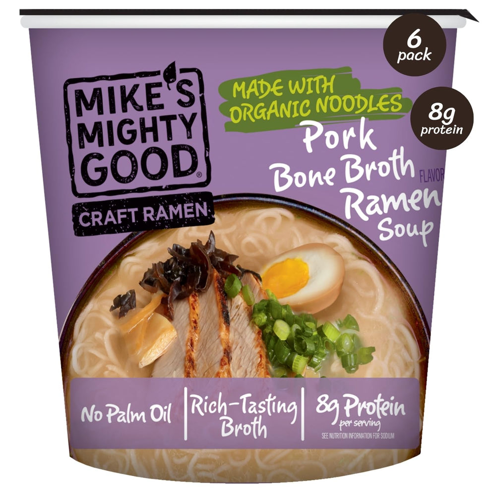 Mike's Mighty Good bone broth pork ramen cup with rich flavor for quick comfort