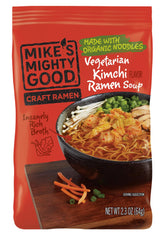 Mike's Mighty Good Craft Ramen pack showing vegan kimchi soup with organic noodles.