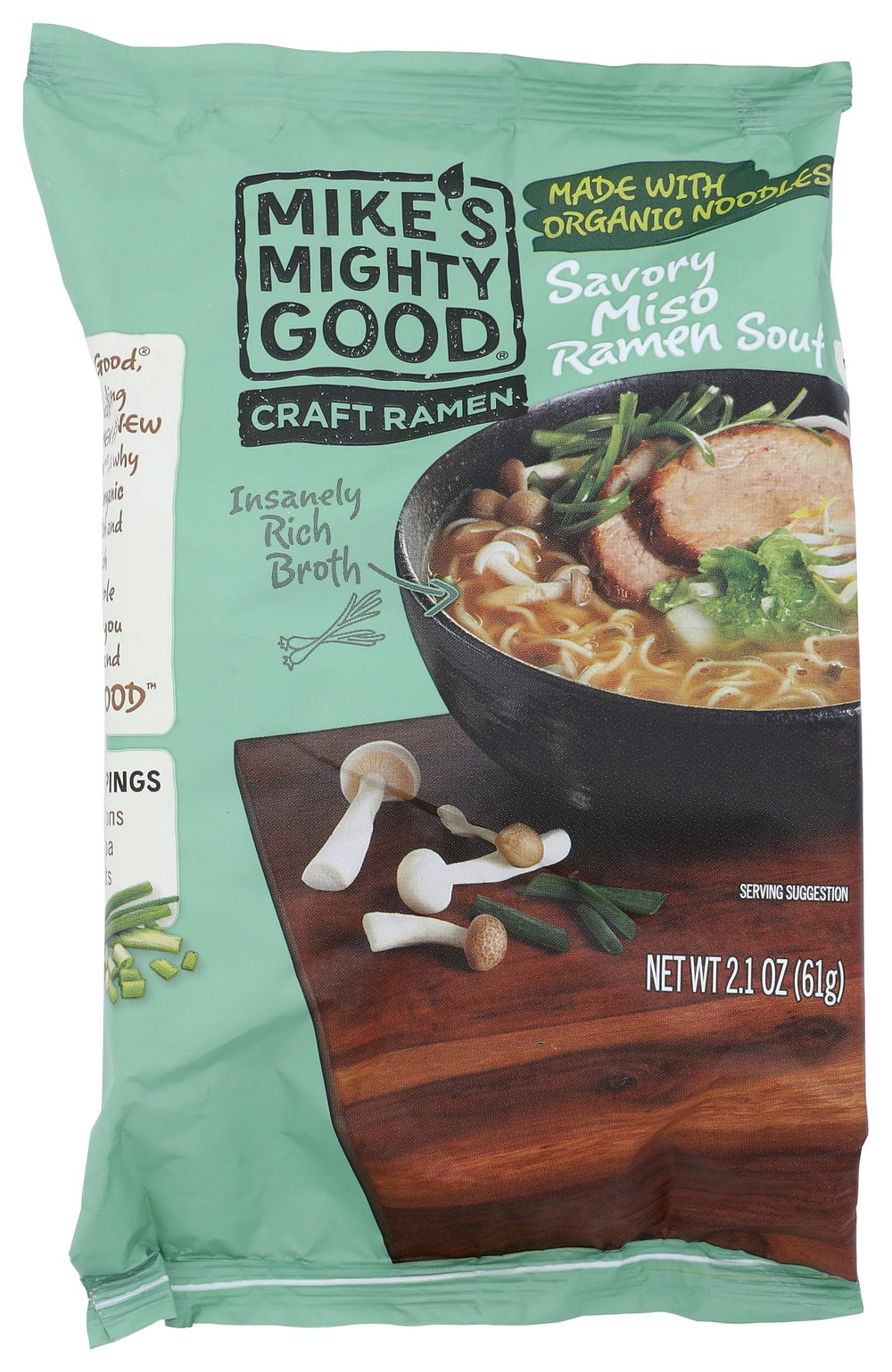 Mike's Mighty Good ramen miso pillow pack packaging shows compact design for quick pantry stocking.