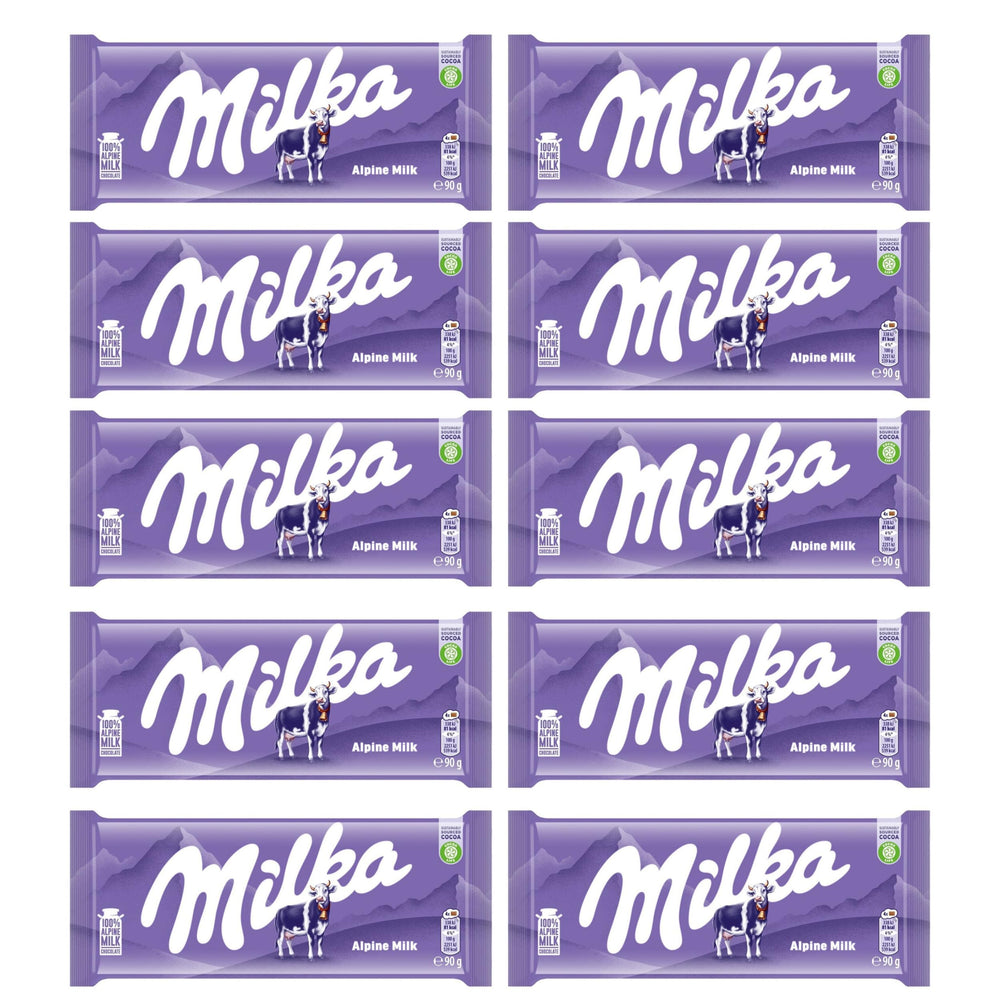 Milka Alpine Milk chocolate bar unwrapped, showcasing creamy alpine milk flavor.
