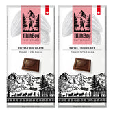 MilkBoy Swiss Chocolates 72% cacao bar with rich, refined flavor.
