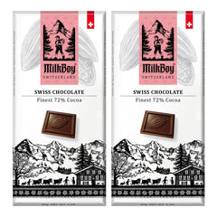 MilkBoy Swiss Chocolates 72% cacao bar with rich, refined flavor.
