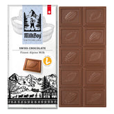 MilkBoy Swiss Chocolates bar close-up shows creamy milk texture for a smooth melt.