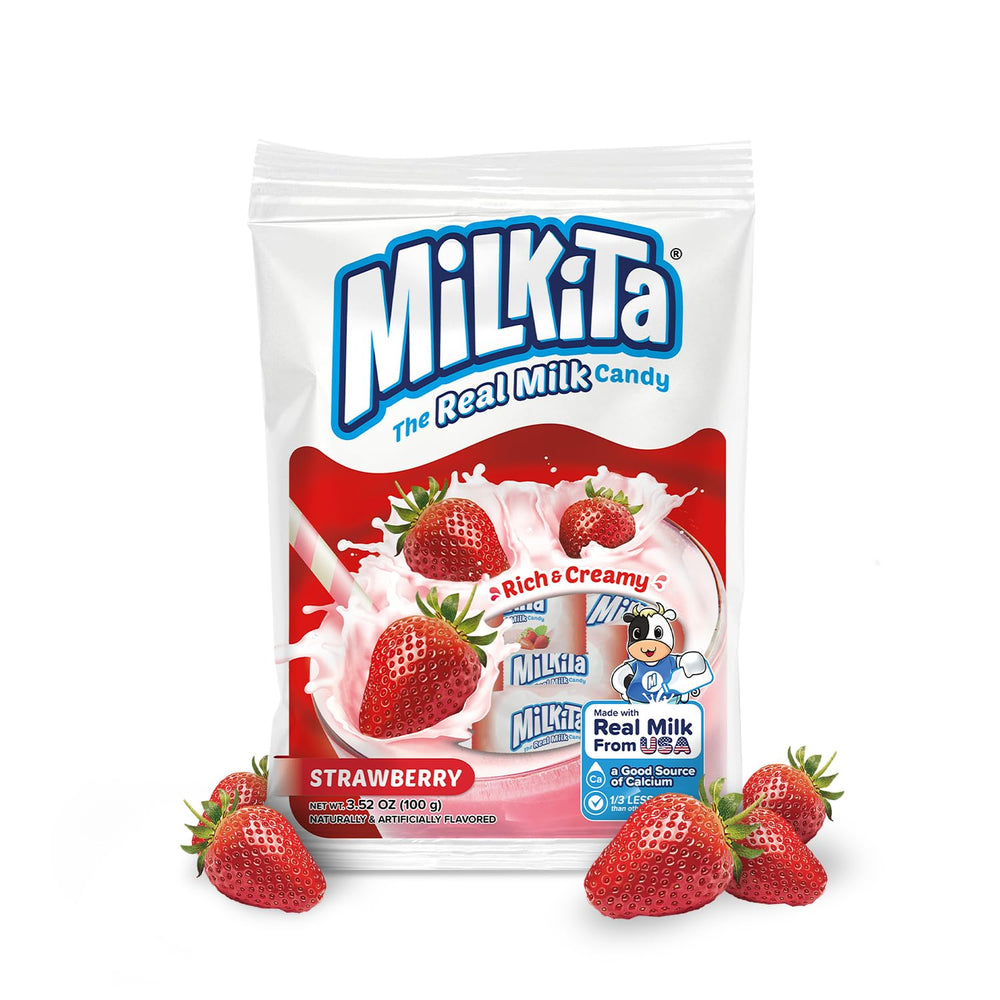 Milkita Creamy Strawberry Candy pack shows real milk flavor, ideal for gifting.